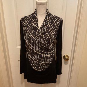 Scapa Lauren Perre Blouse M Black White Crossover Neckline Long Sleeve